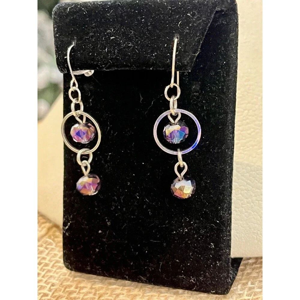 Iridescent Glass Teardrop Dangle Earrings Pierced Rainbow Aurora Borealis Fairy
